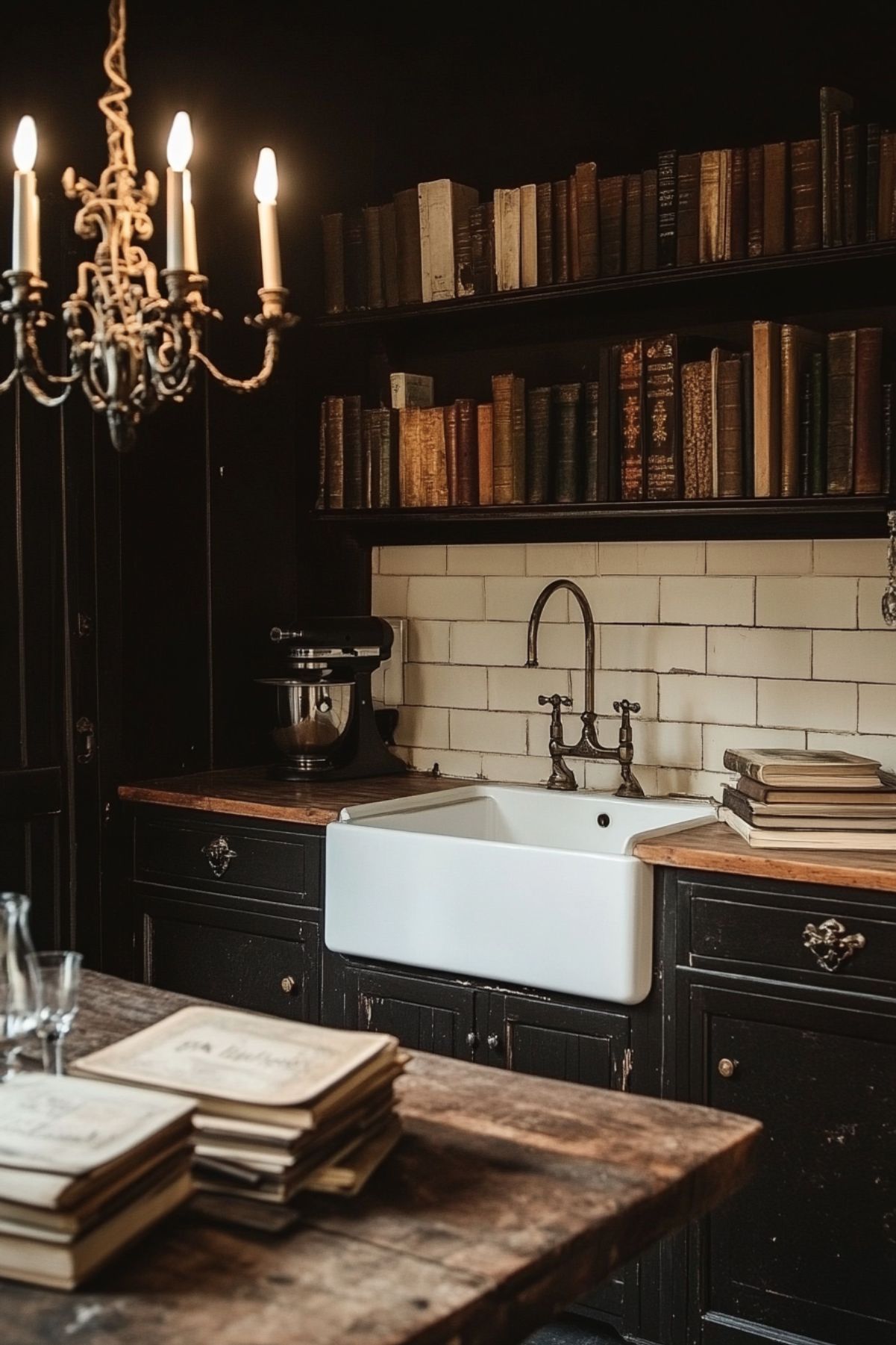 A small, dimly lit kitchen with dark cabinetry, a farmhouse sink, and open shelves filled with vintage books. The space is illuminated by a chandelier, creating a warm, intimate atmosphere that aligns with the Dark Academia aesthetic.