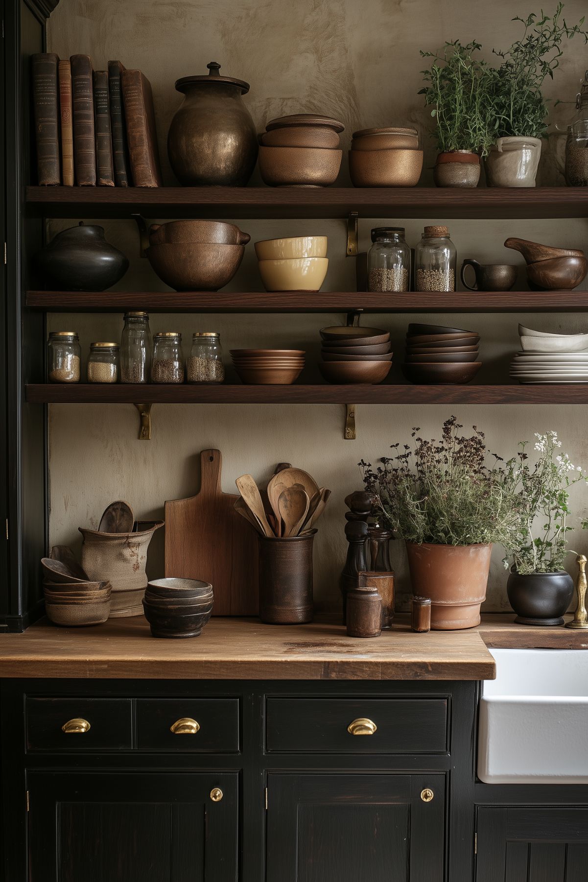 A kitchen featuring dark wood cabinetry, wooden countertops, and open shelving displaying earthenware, books, and jars. The rustic decor and warm, earthy tones evoke a cozy, scholarly ambiance typical of the Dark Academia style.