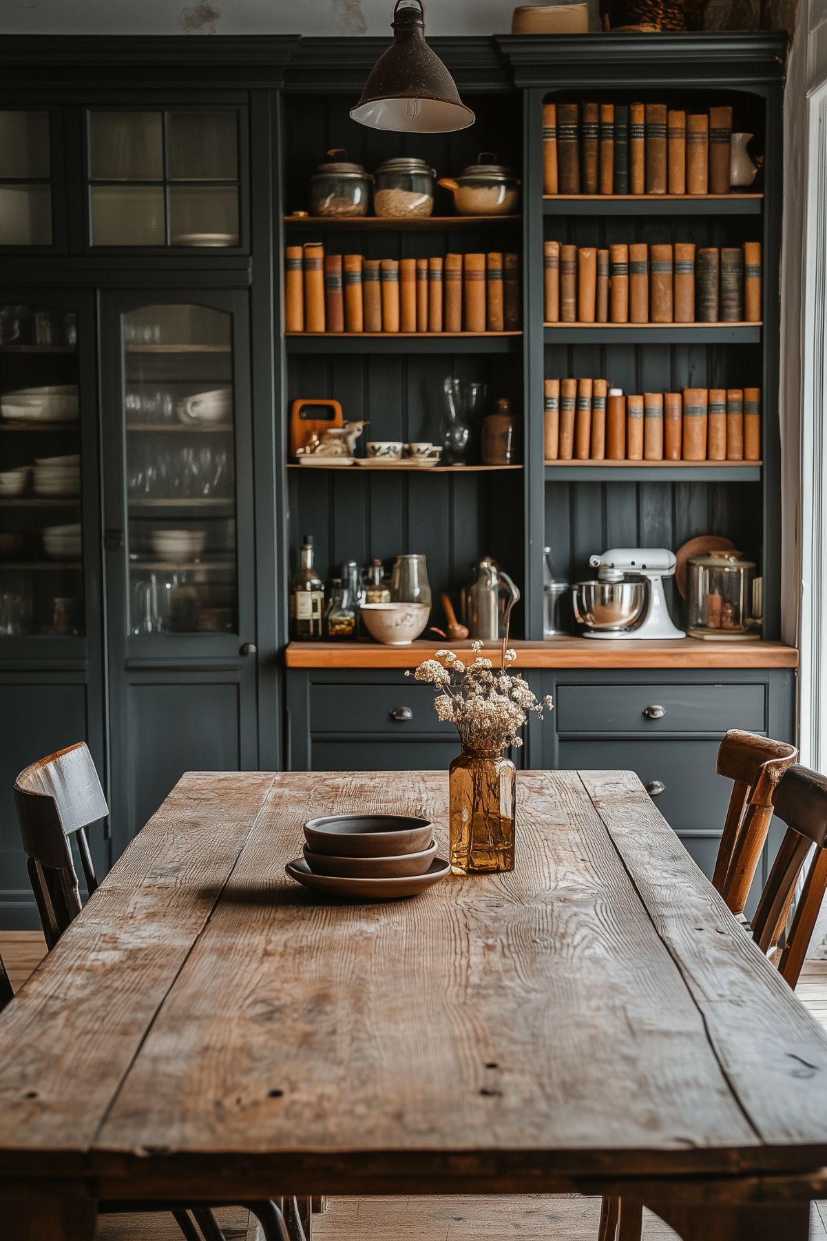 A kitchen with dark cabinetry and wooden countertops, filled with a mix of vintage books, jars, and kitchenware. The large wooden table in the foreground adds to the rustic, scholarly feel of the space, making it a perfect example of Dark Academia decor.