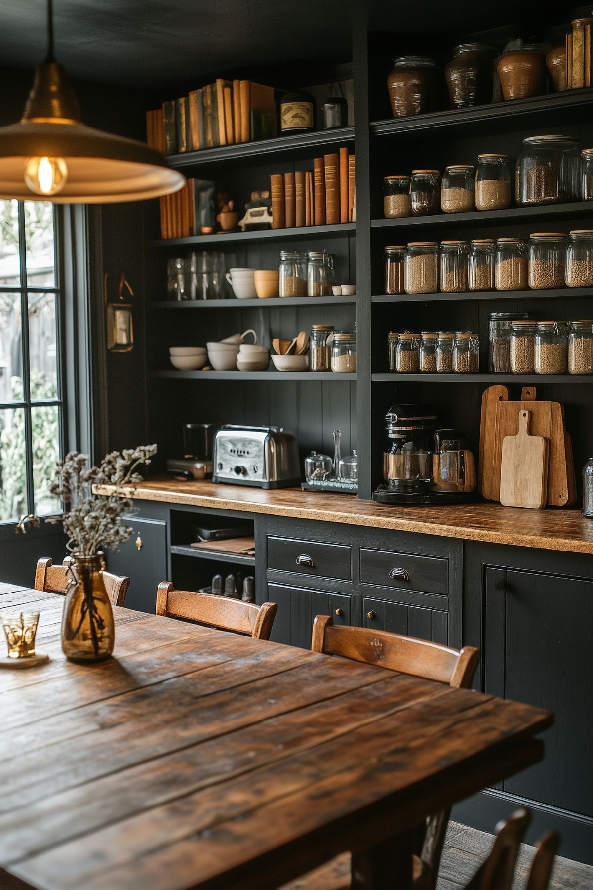 A cozy kitchen with dark cabinetry and wooden countertops. The open shelves are neatly organized with jars of grains, books, and kitchen essentials. A rustic wooden dining table sits in the foreground, and soft, warm lighting creates a welcoming, scholarly ambiance that fits perfectly with the Dark Academia aesthetic.