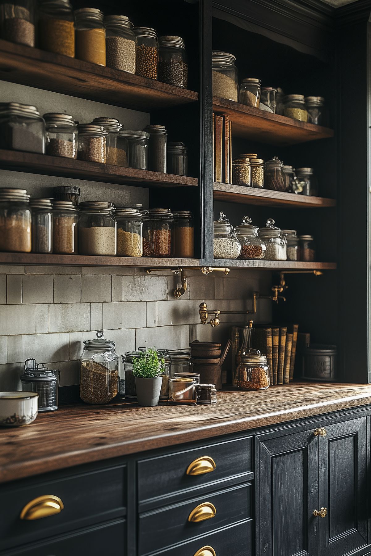 A rustic kitchen with dark wooden cabinets and open shelving filled with glass jars of grains and spices. The space is organized and practical, with a warm, earthy tone that complements the Dark Academia theme.