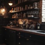 A dimly lit kitchen with dark cabinets and open shelves displaying jars, books, and glassware. The vintage-style lighting adds a moody atmosphere, perfect for the Dark Academia style.