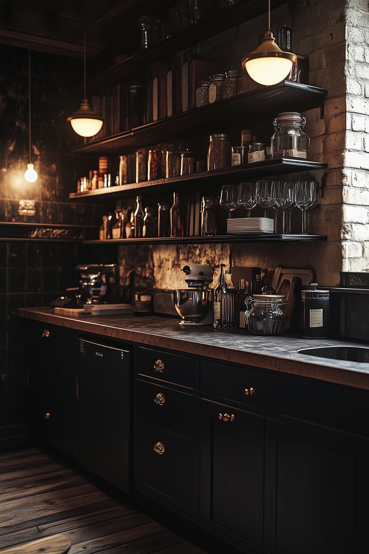 A dimly lit kitchen with dark cabinets and open shelves displaying jars, books, and glassware. The vintage-style lighting adds a moody atmosphere, perfect for the Dark Academia style.