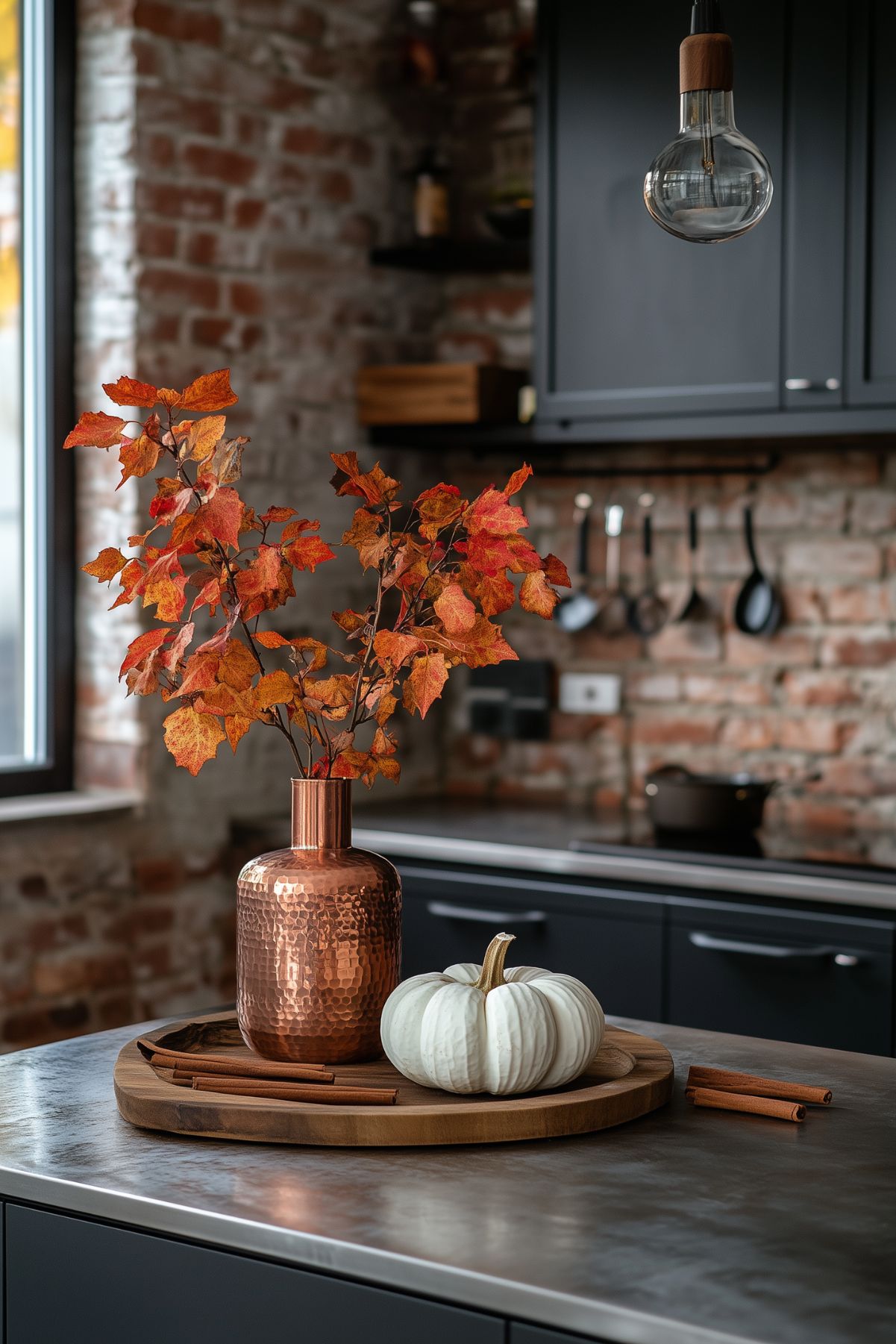 A sleek kitchen with a modern fall decor arrangement on the countertop. A hammered copper vase holds vibrant orange and red autumn leaves, accompanied by a white pumpkin on a wooden tray. The industrial-style kitchen features exposed brick walls and dark cabinetry, creating a stylish contrast with the warm, seasonal decorations.