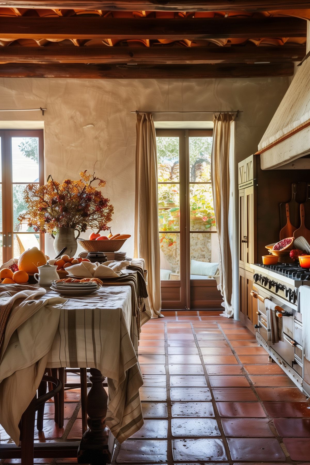 A cozy, rustic kitchen bathed in natural light, featuring terracotta floor tiles and exposed wooden beams. A table is set with a striped tablecloth, adorned with fresh oranges, plates, and a pitcher. A vase filled with autumn branches and berries adds a seasonal touch. The room opens to a sunny patio with lush greenery, enhancing the warm and inviting atmosphere.