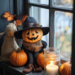 Charming Halloween window display featuring a smiling pumpkin with a witch hat and burlap scarf, surrounded by mini pumpkins and a lit candle in a glass jar. A burlap ghost adds a spooky touch, while autumn leaves peek through the window, creating a cozy and festive atmosphere.