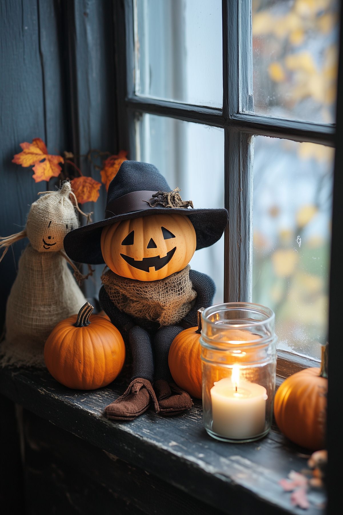 Charming Halloween window display featuring a smiling pumpkin with a witch hat and burlap scarf, surrounded by mini pumpkins and a lit candle in a glass jar. A burlap ghost adds a spooky touch, while autumn leaves peek through the window, creating a cozy and festive atmosphere.