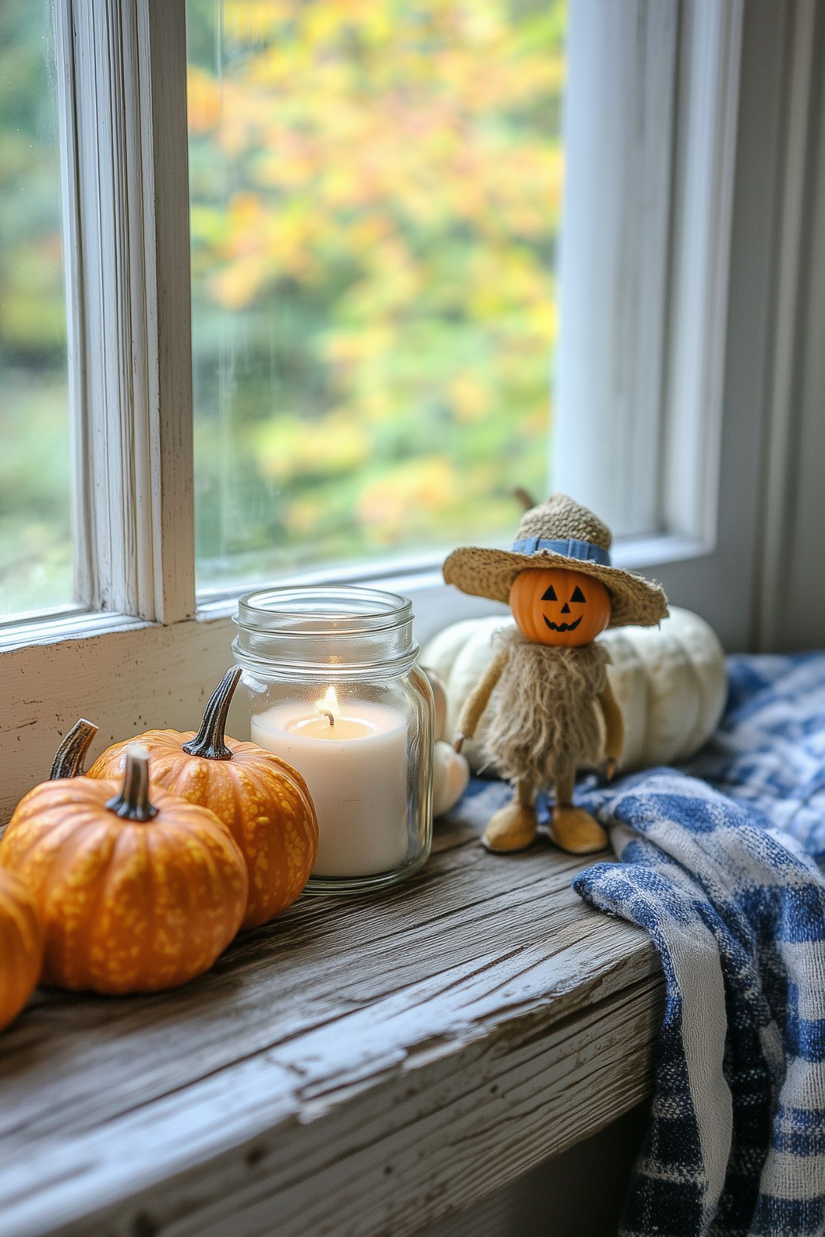 A cozy fall window sill arrangement featuring small orange pumpkins, a lit candle in a glass jar, and a cute pumpkin figurine dressed in a straw hat and burlap outfit. A blue and white checkered cloth adds a touch of warmth and color. The view outside shows blurred autumn foliage, enhancing the seasonal ambiance.