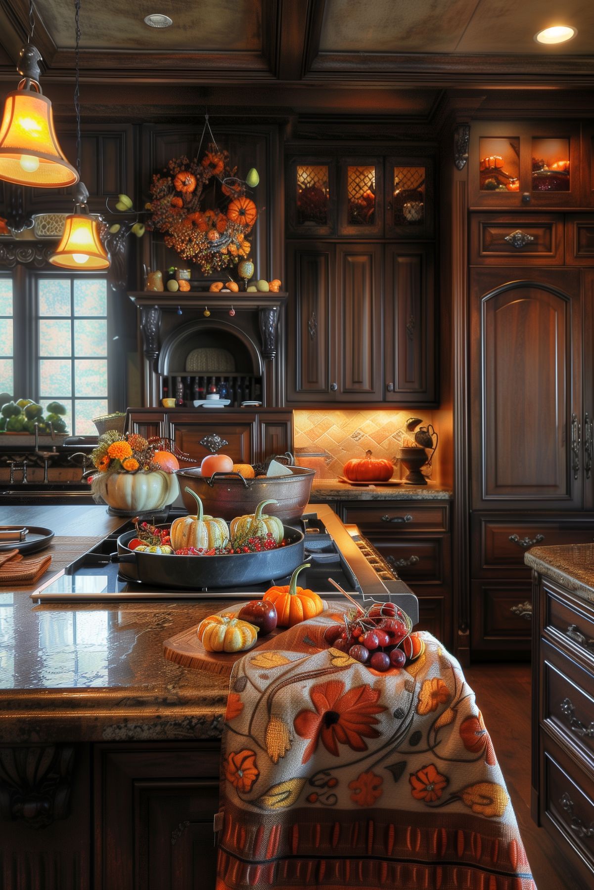 Cozy autumn kitchen decorated with warm, rich wood cabinetry and fall-themed accents. A central island features an assortment of small pumpkins and gourds, complemented by a festive autumn wreath and seasonal decor. Warm lighting adds a comforting glow, highlighting the rustic charm and inviting atmosphere perfect for fall gatherings.