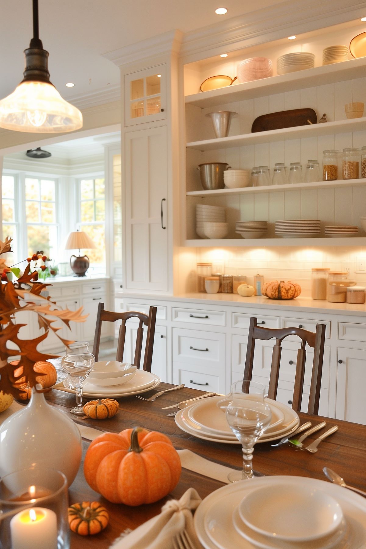 A beautifully set dining table in a bright, white kitchen, decorated for fall with small orange pumpkins and a white vase with autumn leaves. The open shelves in the background display dishes and kitchenware, adding to the warm and inviting atmosphere. The soft lighting and natural elements create a perfect setting for a cozy autumn meal.