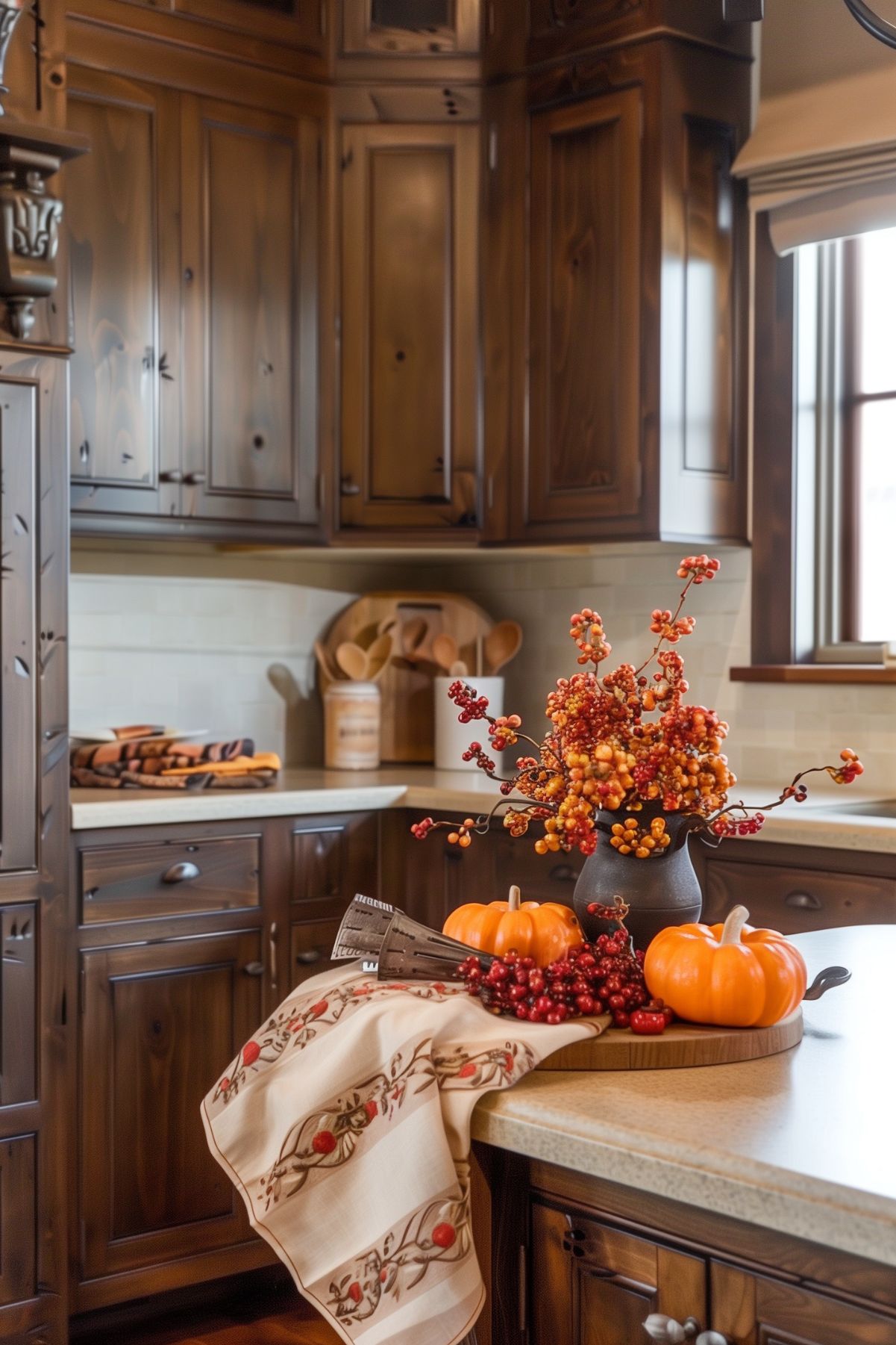 A stylish fall-themed kitchen countertop featuring a dark vase filled with vibrant orange and red berries. Two small pumpkins and a cluster of red berries are placed on a wooden tray, complemented by a decorative dish towel with an autumn motif. The wooden cabinetry and soft lighting create a warm and inviting atmosphere, perfect for the fall season.