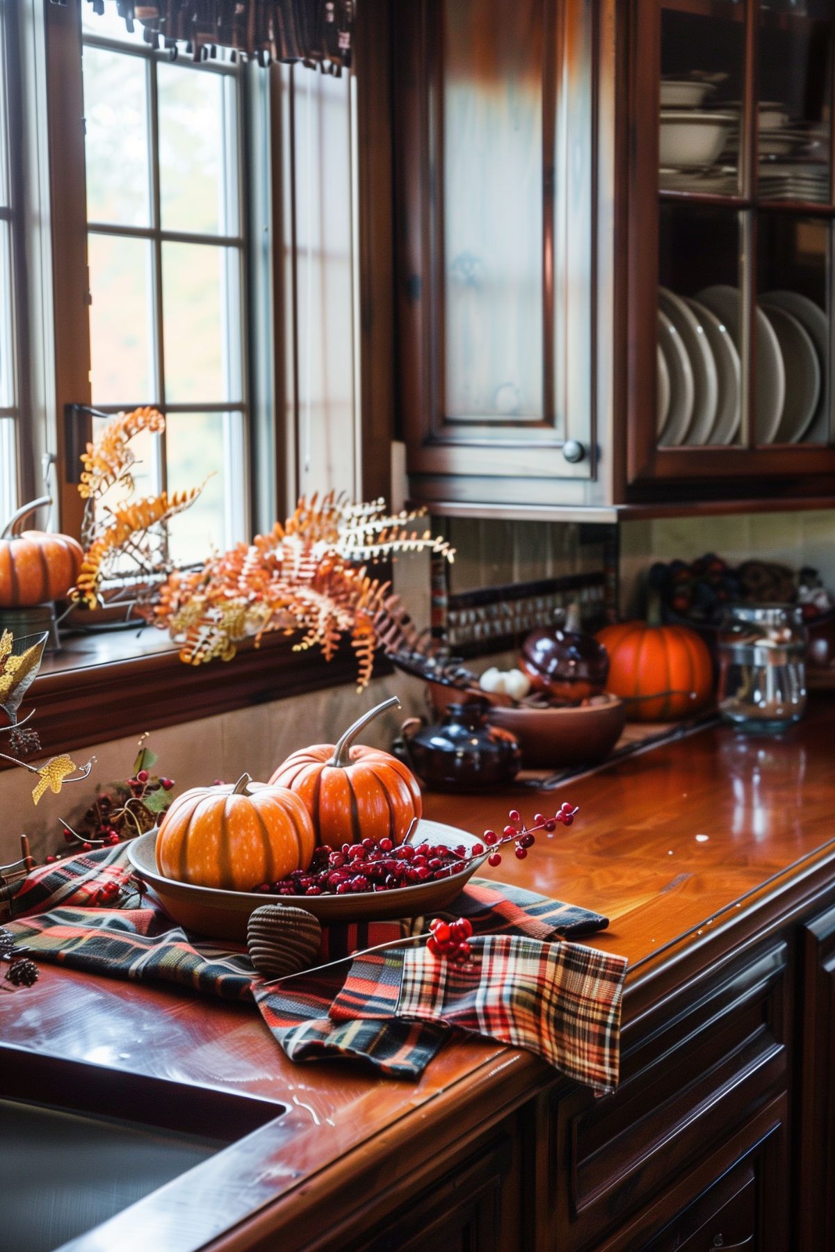 A cozy kitchen counter decorated for fall with vibrant pumpkins, red berries, and plaid cloths. Autumn leaves and a small pumpkin are placed near the window, enhancing the rustic charm of the wooden cabinetry. The soft, natural light from the window adds warmth to the seasonal decor, creating a welcoming and festive atmosphere.