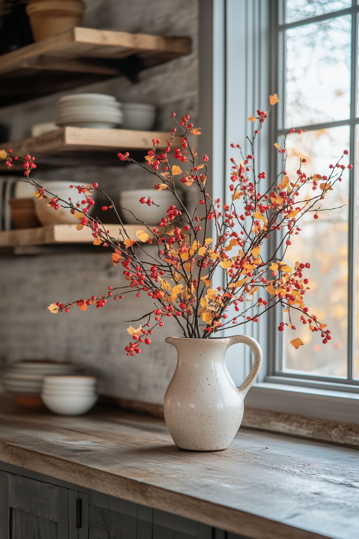 A rustic kitchen countertop featuring a ceramic vase filled with branches of red berries and yellow leaves. The natural light from the window illuminates the vibrant fall colors, while open wooden shelves in the background display simple dishware. The decor adds a touch of seasonal charm and warmth to the kitchen.