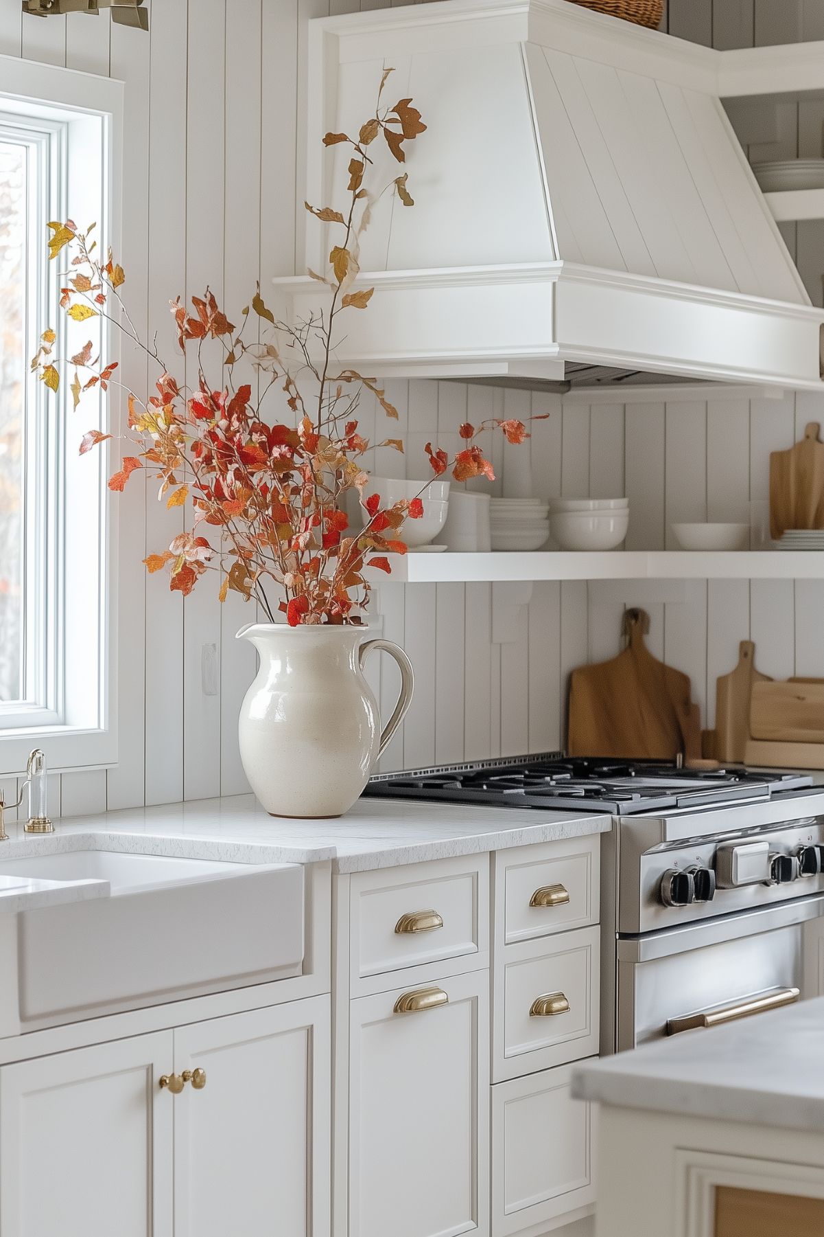 A white kitchen with a white vase filled with Fall branches.