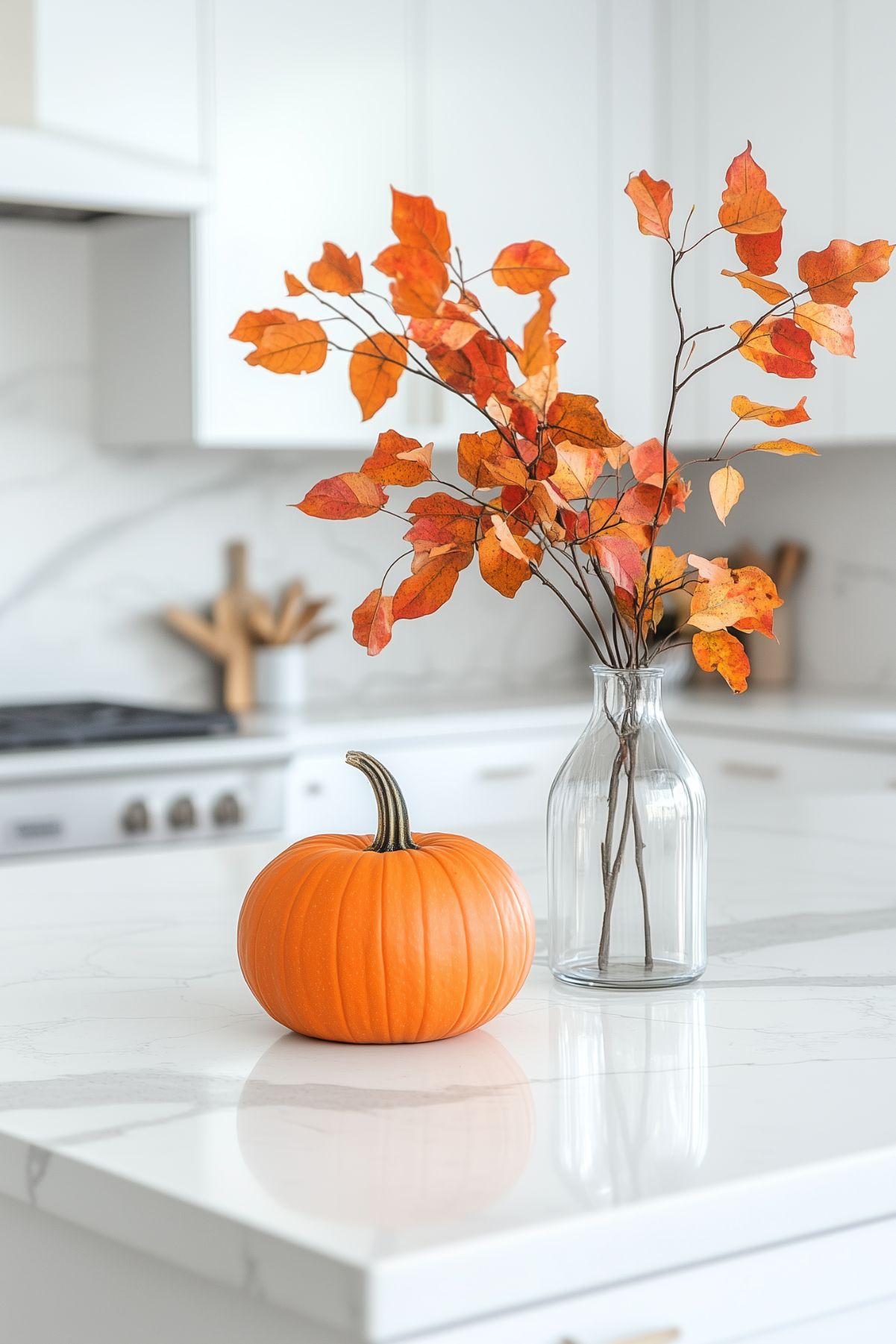 A modern, minimalist kitchen featuring a simple fall decor setup with a bright orange pumpkin and a glass vase holding autumn leaves. The white marble countertop and sleek cabinetry provide a clean backdrop, highlighting the vibrant colors of the seasonal decorations.