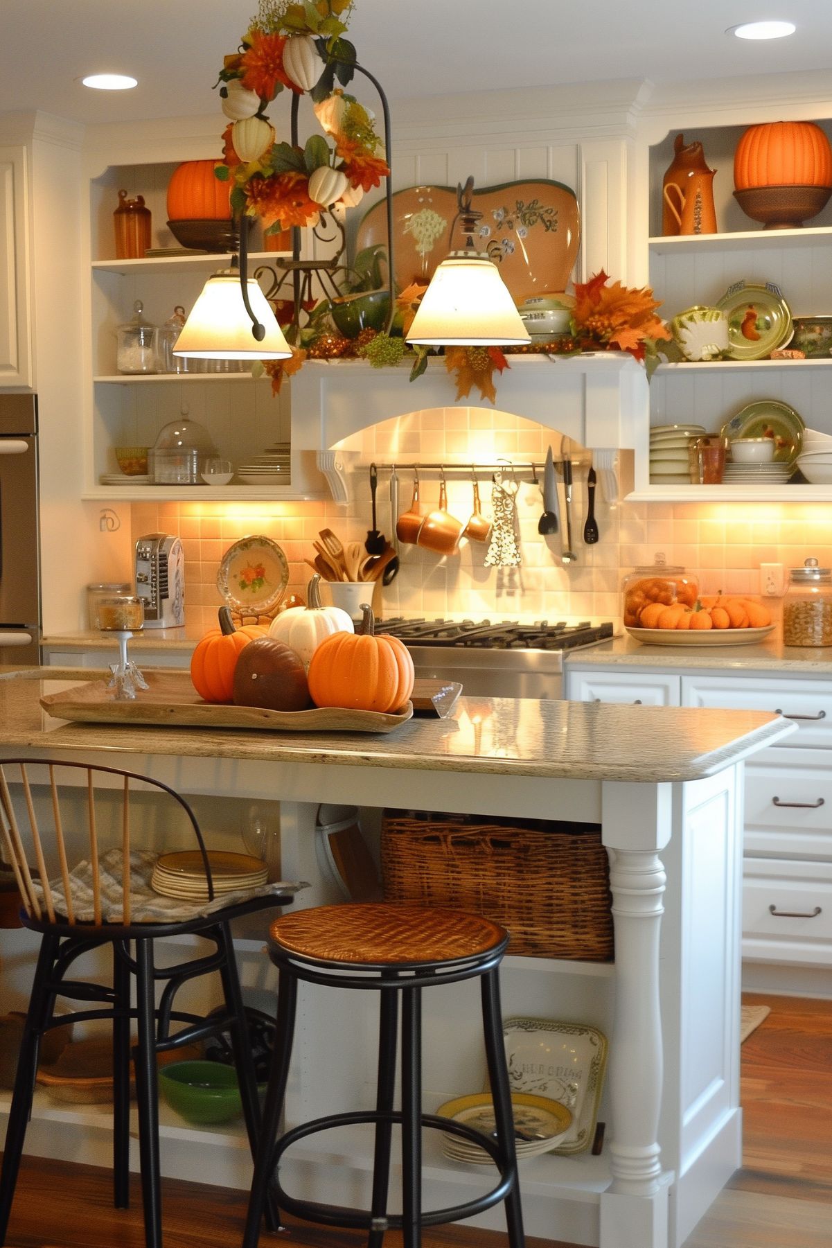 A warm and welcoming kitchen decorated for fall, featuring a central island adorned with a tray of assorted pumpkins. Above, a light fixture is decorated with an autumn garland. The shelves and countertops display additional seasonal decor, including pumpkins and fall leaves. The cozy and inviting space is perfect for autumn gatherings and meal preparations.