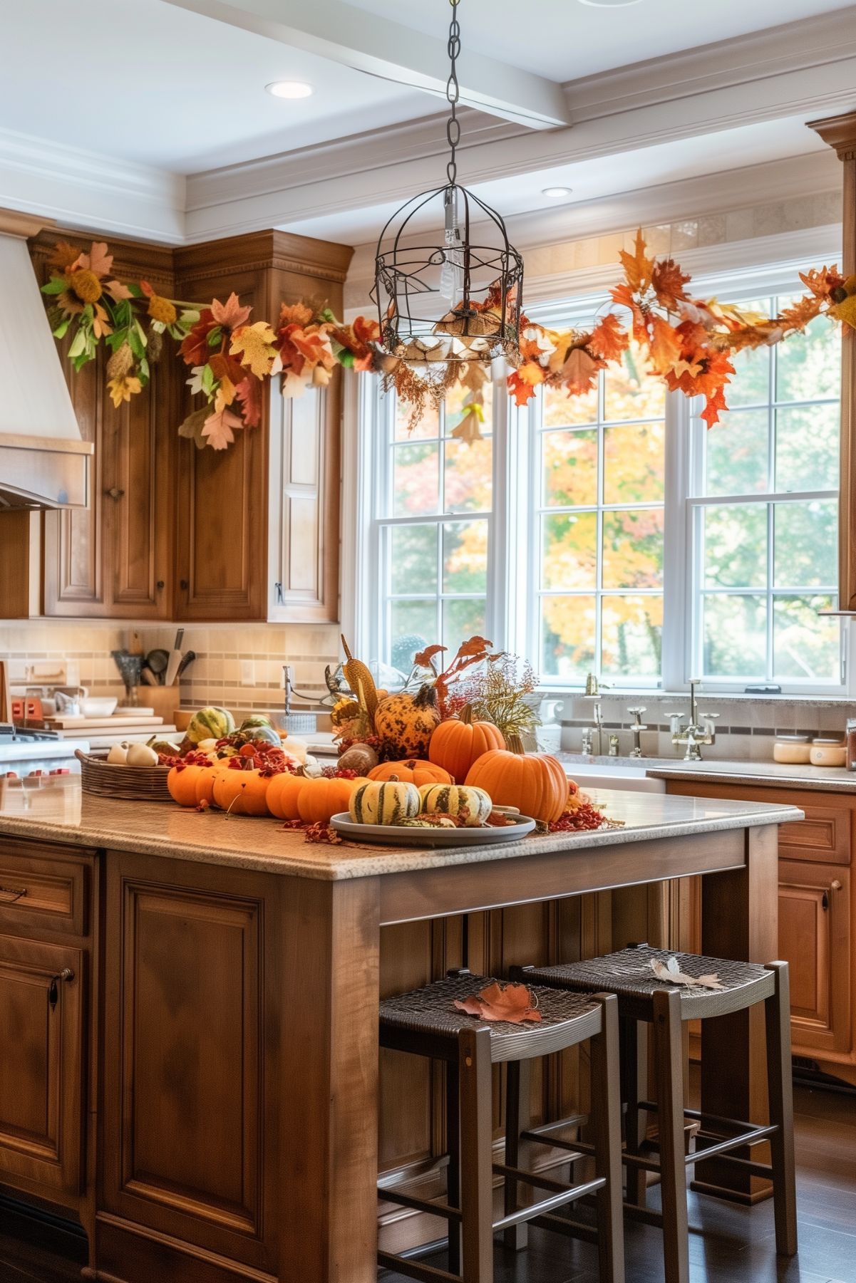 A bright kitchen decorated for fall, featuring a central island adorned with an assortment of pumpkins, gourds, and berries. An autumn garland with colorful leaves hangs above the windows, adding a festive touch. The wooden cabinetry and natural light create a warm and inviting atmosphere, perfect for celebrating the season.