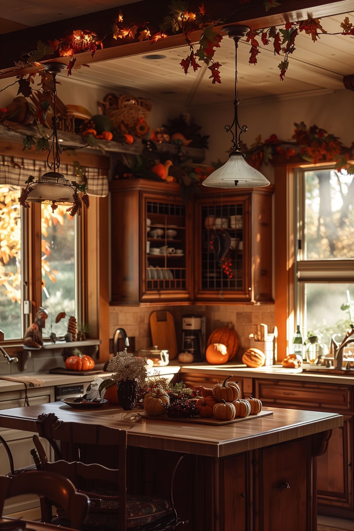 A cozy kitchen adorned with autumn decor, featuring an island with small pumpkins, berries, and a floral arrangement. Warm light filters through the windows, highlighting the rich wood cabinetry and seasonal decorations, including garlands of leaves and pumpkins. The space exudes a welcoming and festive atmosphere, perfect for the fall season.