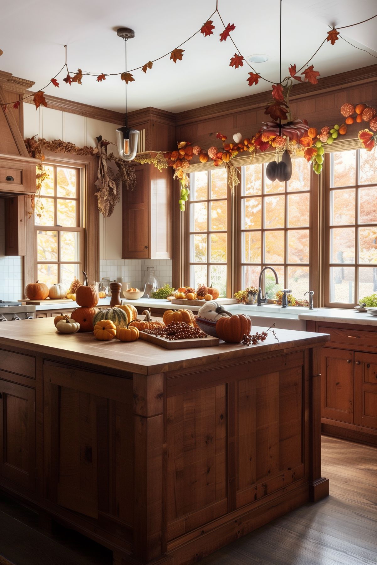 A warm and inviting kitchen decorated for fall, featuring a wooden island adorned with an assortment of pumpkins, gourds, and berries. Autumn garlands with leaves and harvest decorations hang above the windows, enhancing the cozy and festive atmosphere. Natural light streams through the windows, highlighting the rich wood tones and seasonal decor.