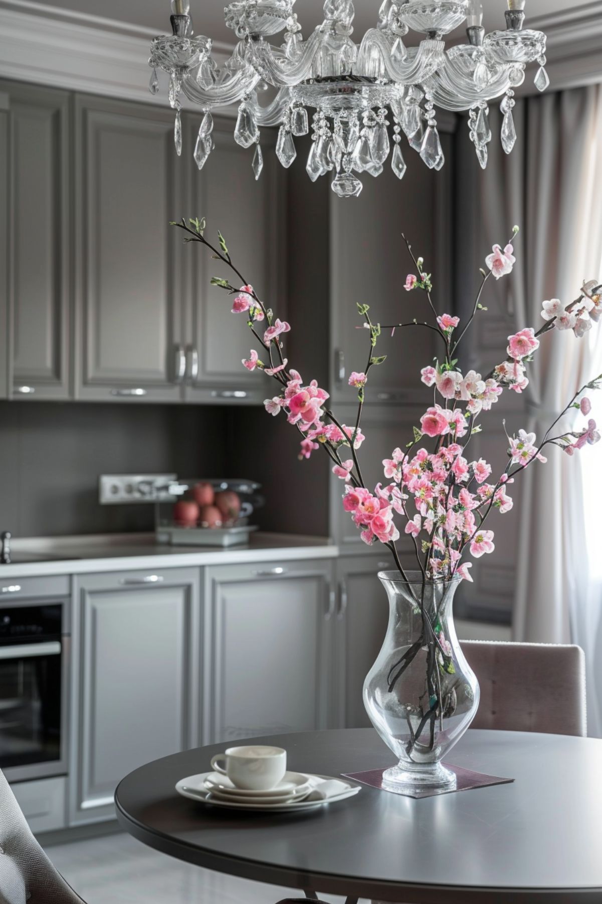 Elegant gray kitchen with a crystal chandelier hanging above a round table. A glass vase filled with blooming pink cherry blossoms is the centerpiece on the table, adding a pop of color to the modern, monochromatic decor. White tableware is neatly arranged on the table, and the background features sleek gray cabinets with metallic handles, creating a sophisticated and calm atmosphere.