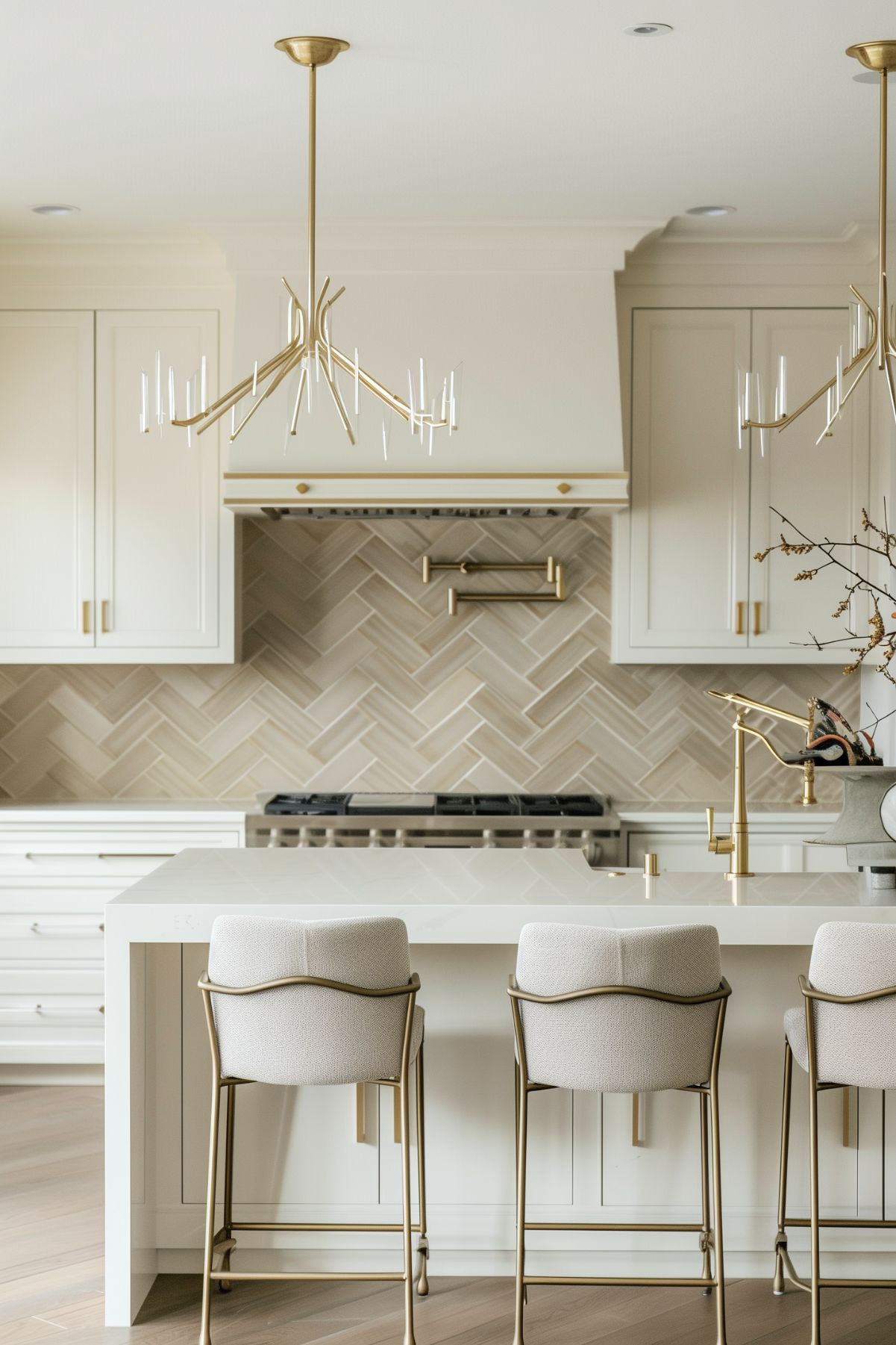 A modern kitchen featuring ivory cabinets with brass accents, a herringbone tile backsplash, and elegant brass pendant lights over a white island with plush ivory bar stools.