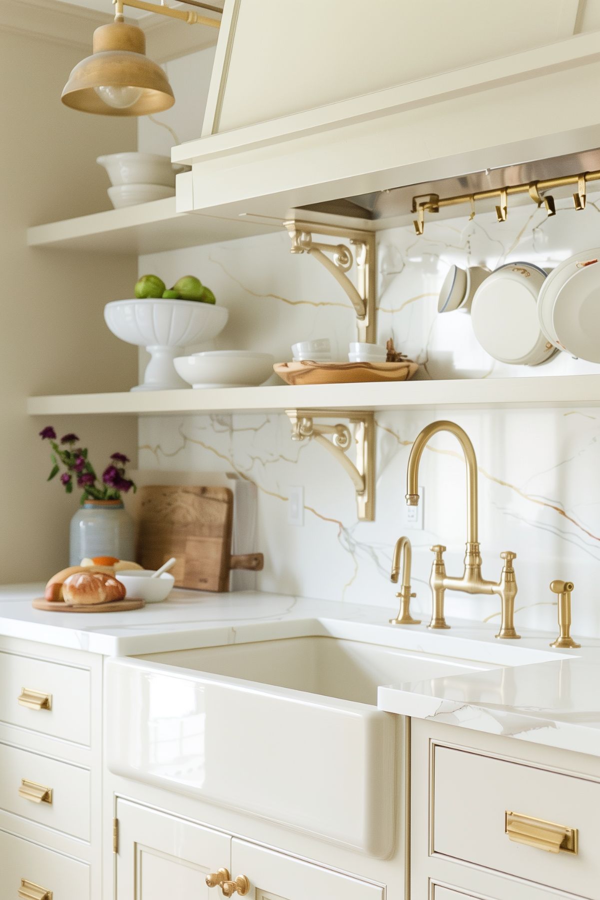 A bright kitchen with ivory cabinets, open shelving, and brass accents. The design features a farmhouse sink, marble backsplash, and brass faucet, creating a clean and elegant look.