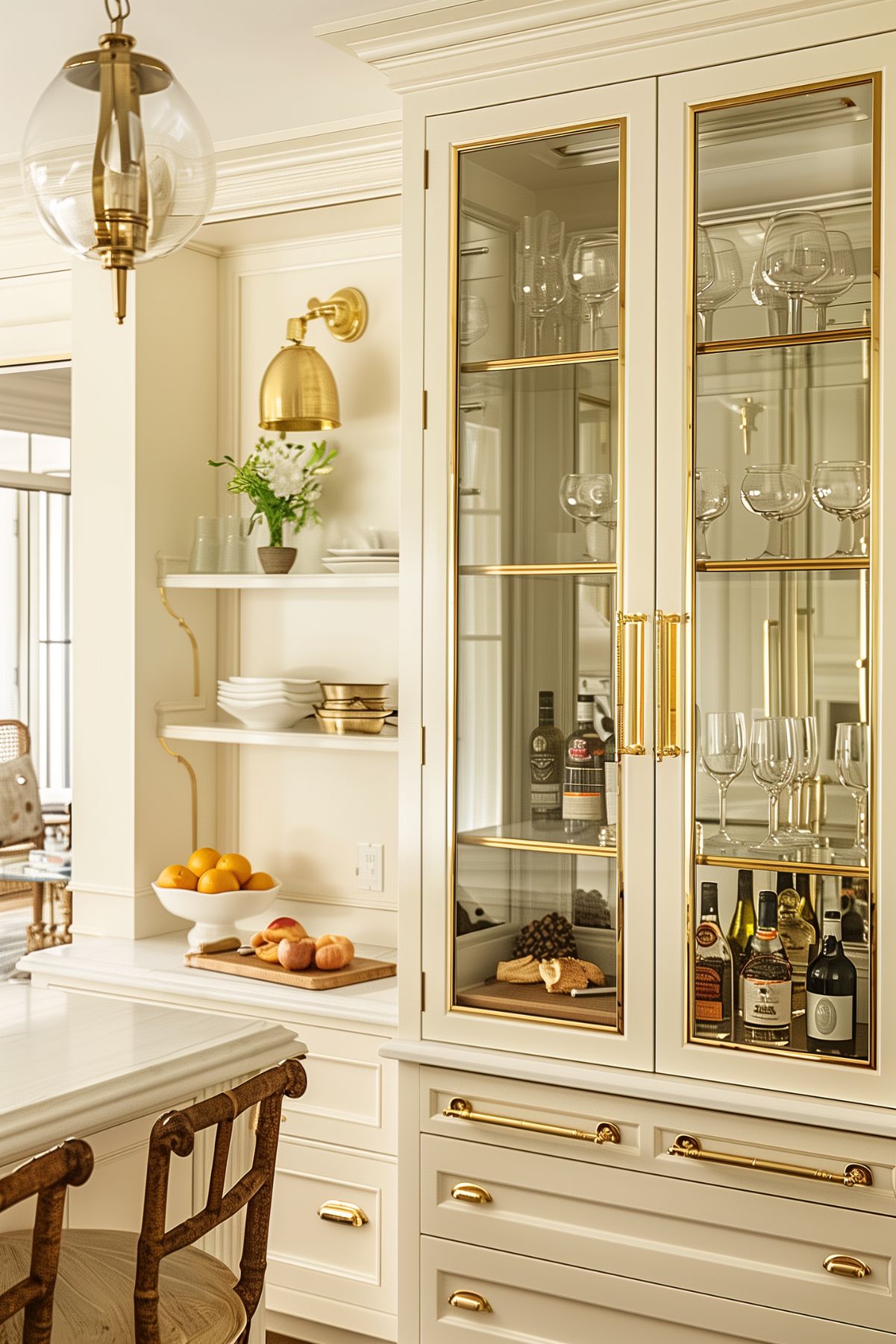 A stylish kitchen with ivory cabinetry, brass hardware, and a glass-front display cabinet. The space is accented by a brass sconce light, open shelving, and a countertop adorned with fruit and wine.