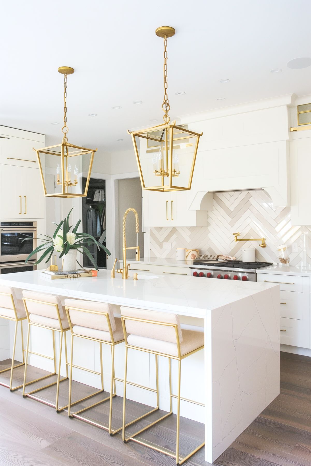 A bright kitchen showcasing a white island with brass bar stools, large brass pendant lights, and a herringbone tile backsplash. The design emphasizes clean lines and a modern aesthetic.