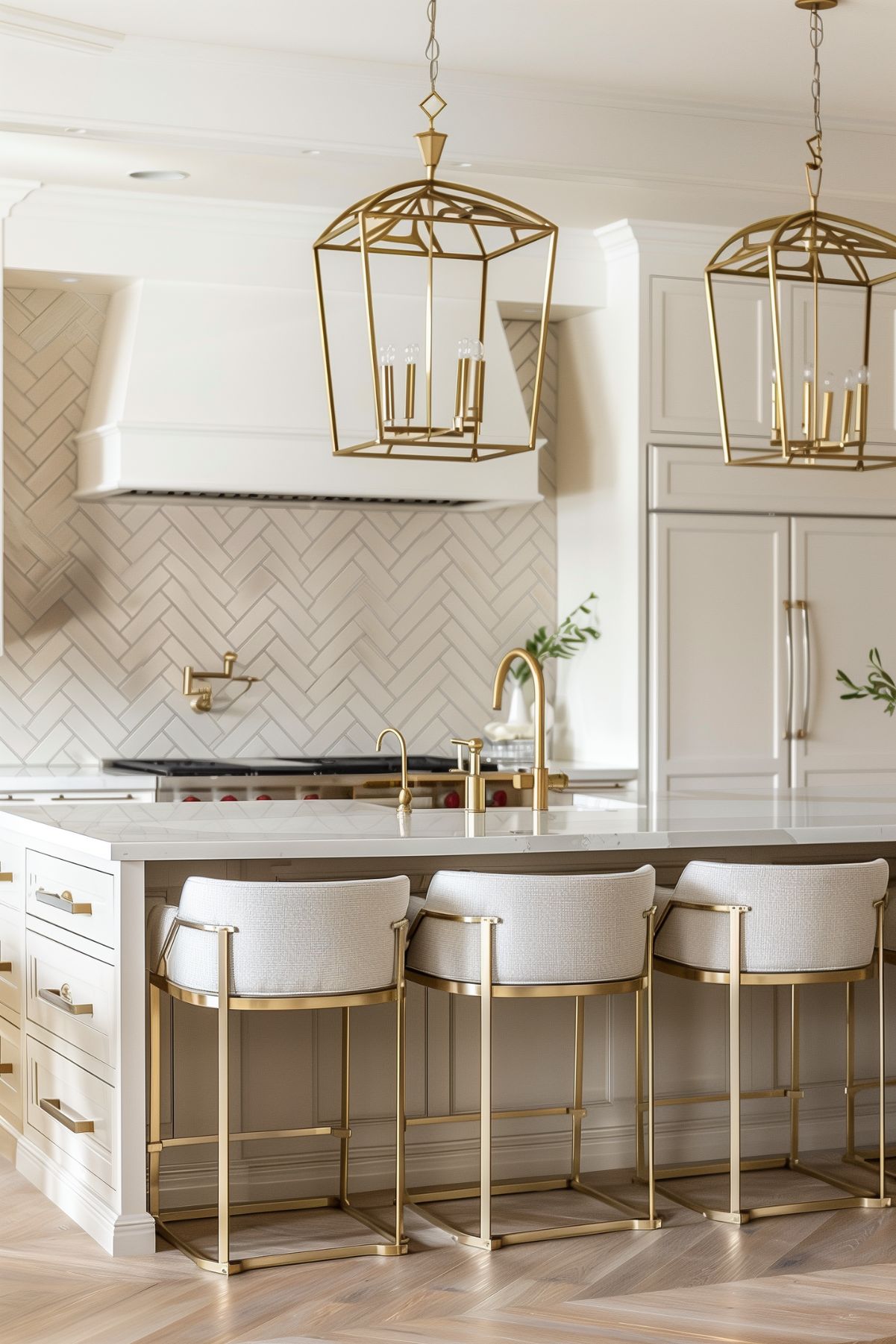 A sophisticated kitchen with a white island, brass accents, and ivory cabinetry. The space features brass lantern-style pendant lights, plush bar stools, and a herringbone tile backsplash.