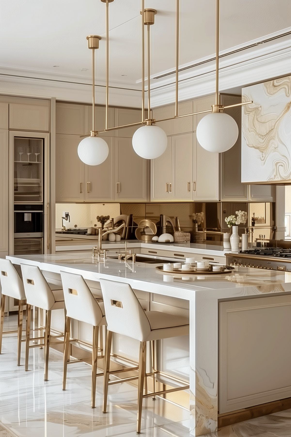 A sophisticated kitchen with an ivory island, brass hardware, and elegant white and brass bar stools. The space is illuminated by minimalist globe pendant lights, creating a seamless blend of modern and classic design elements.