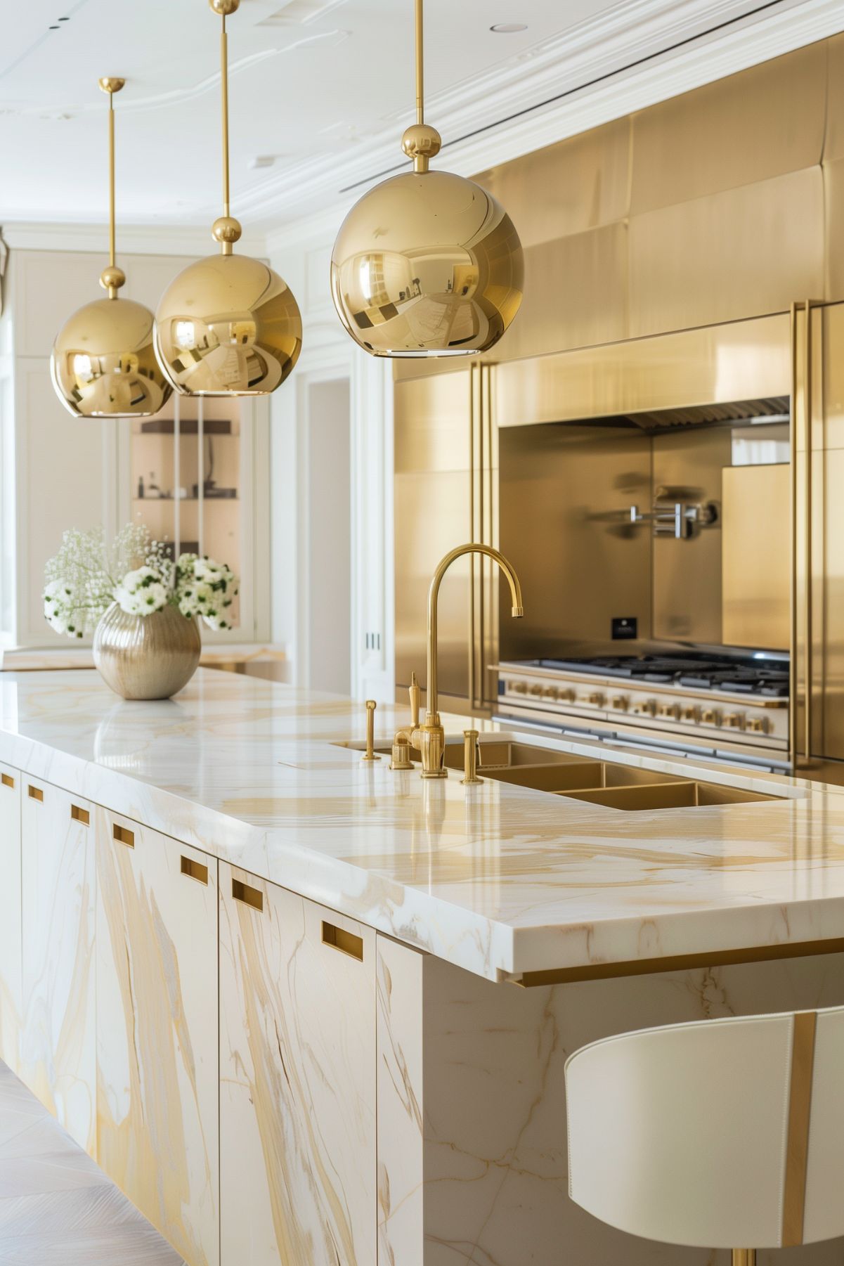 A striking kitchen with a marble-effect island, brass cabinetry, and large brass globe pendant lights. The space exudes luxury with its modern design and high-end finishes.