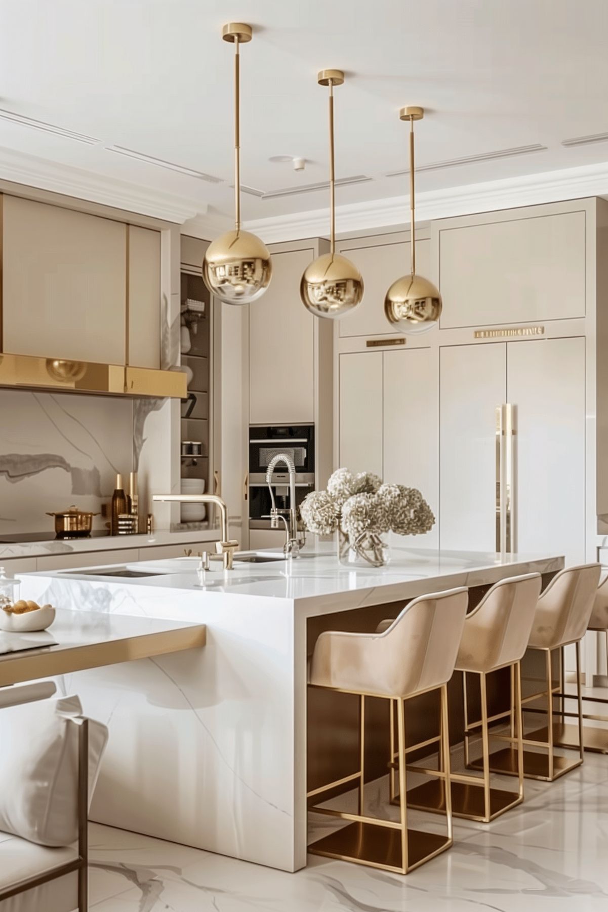 An elegant kitchen featuring a white and brass island, globe brass pendant lights, and modern bar stools. The design is accentuated by sleek brass appliances and subtle marble detailing.