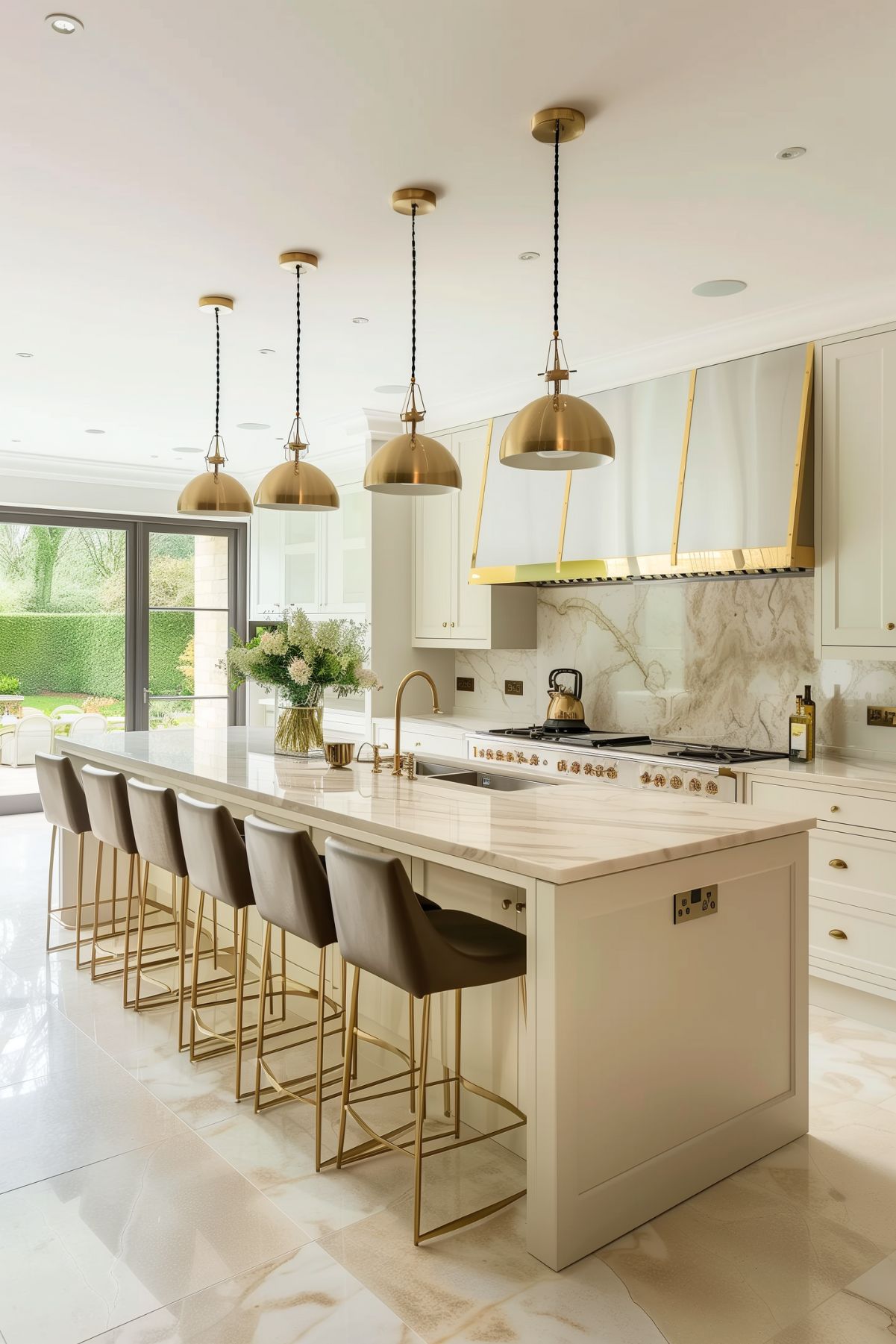 A luxurious kitchen with a marble countertop island, brass pendant lights, and leather bar stools. The design is highlighted by a brass range hood and marble backsplash, creating a sophisticated atmosphere.