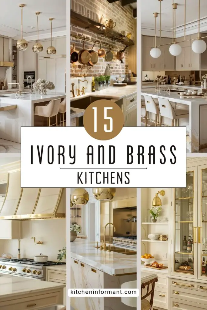 A collage-style graphic showcasing various elegant ivory and brass kitchen designs. The text overlay reads "15 Ivory and Brass Kitchens," highlighting the theme of the collection. The design features images of kitchens with brass accents, marble countertops, and sophisticated lighting, all emphasizing the luxurious blend of modern and classic styles.