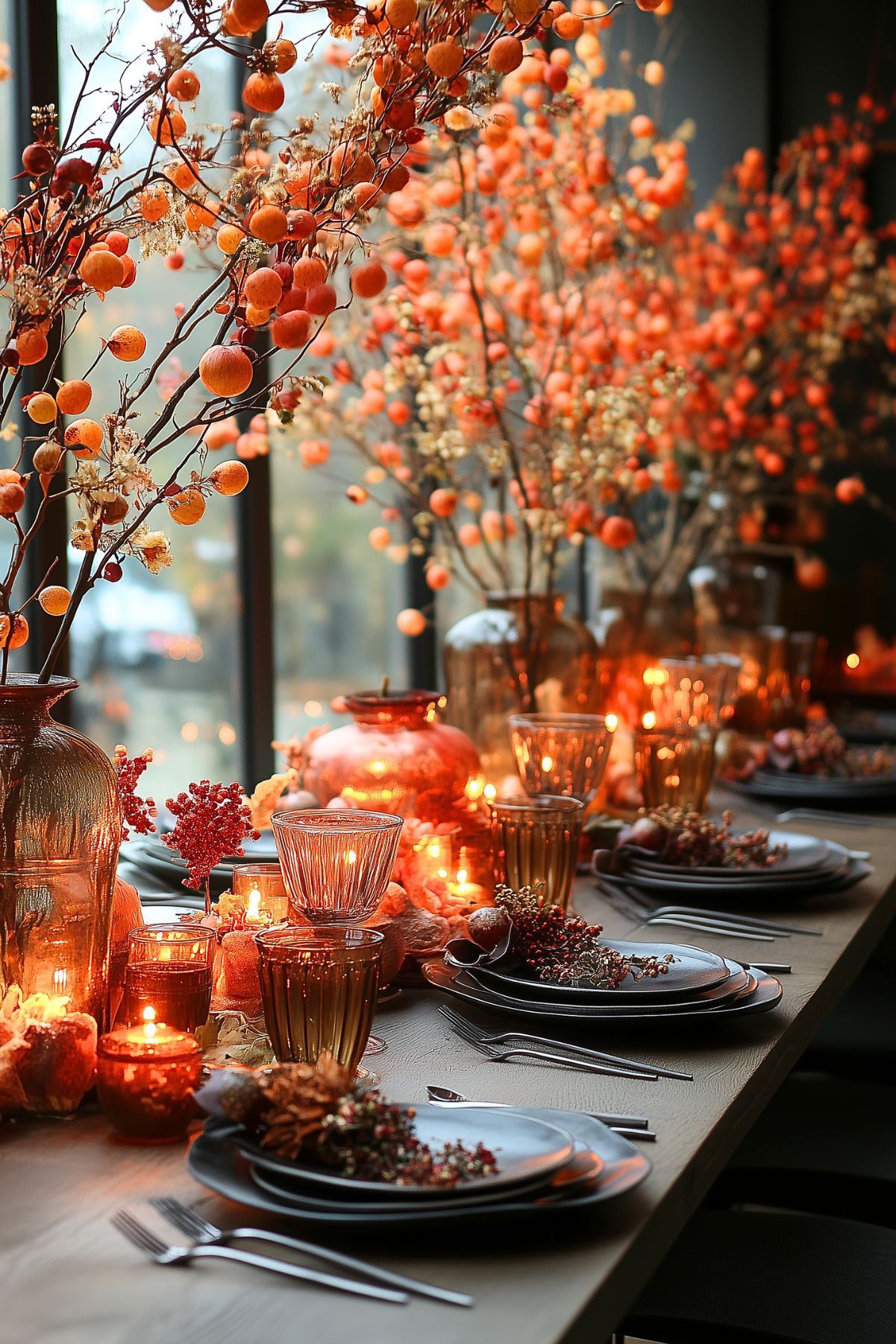 A Fall table set with dark plates, and orange decorations.