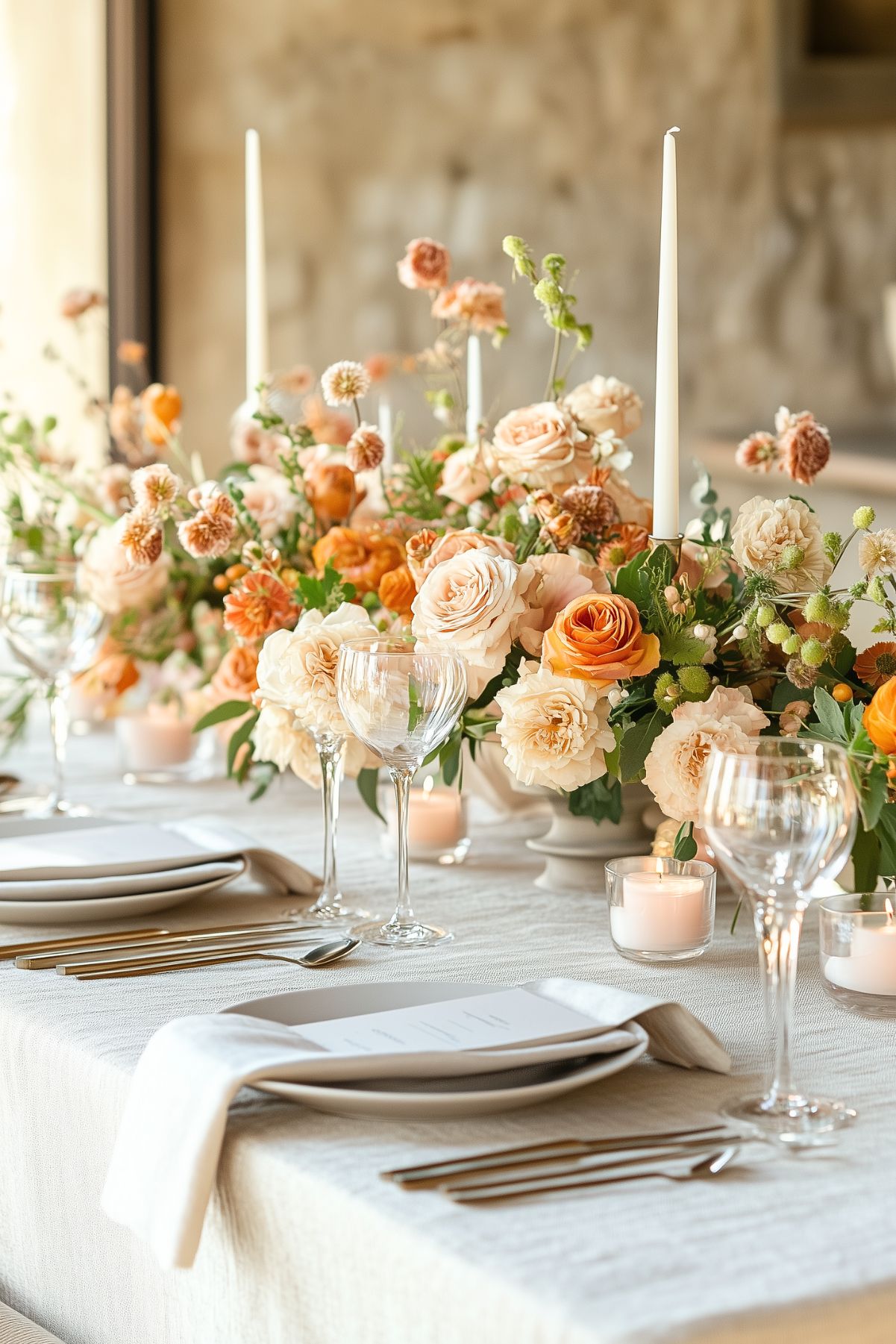 A table set with beige tablecloth and napkins. An elaborate floral centerpiece.