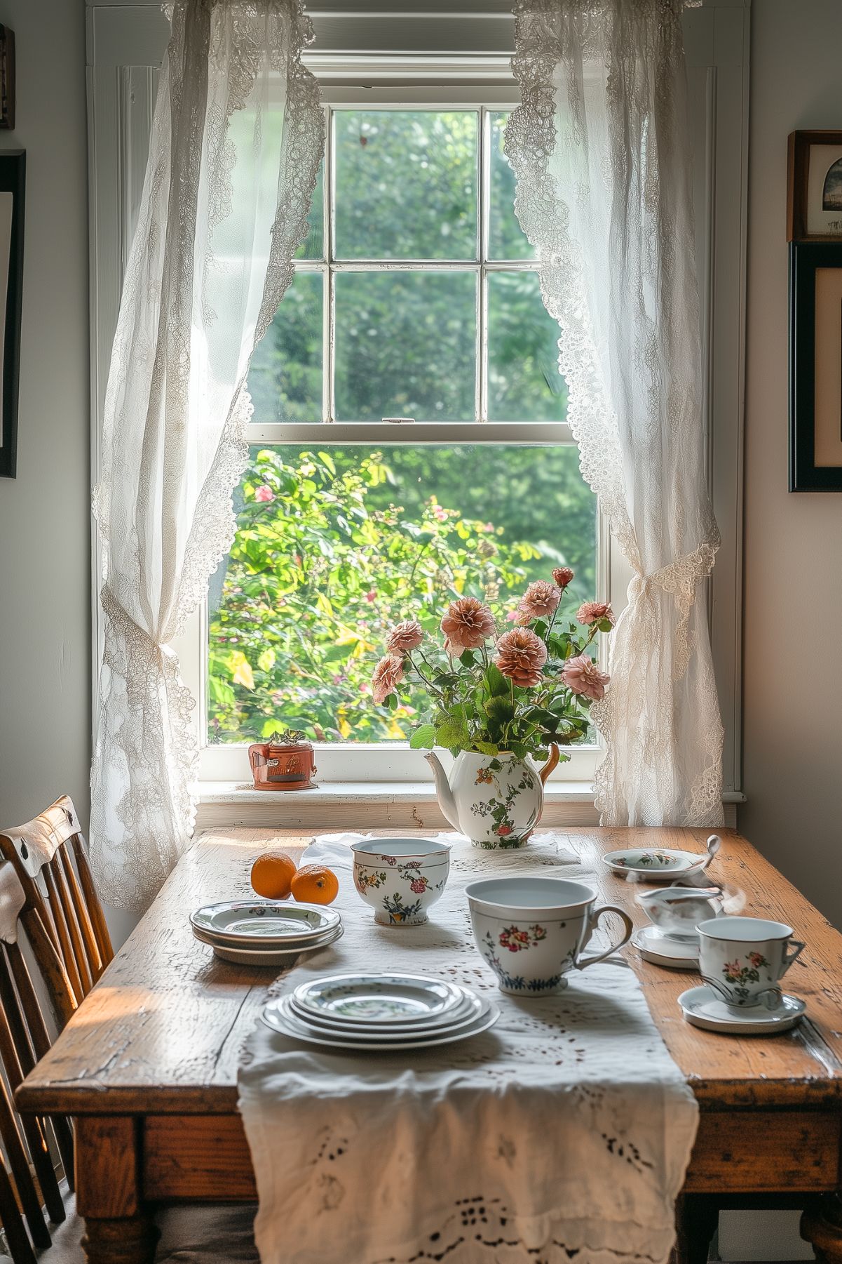 A wooden table set near a window with sheer lace curtains. The table is adorned with an embroidered linen runner, a floral teapot, and a small arrangement of flowers, capturing the essence of a vintage-inspired kitchen.