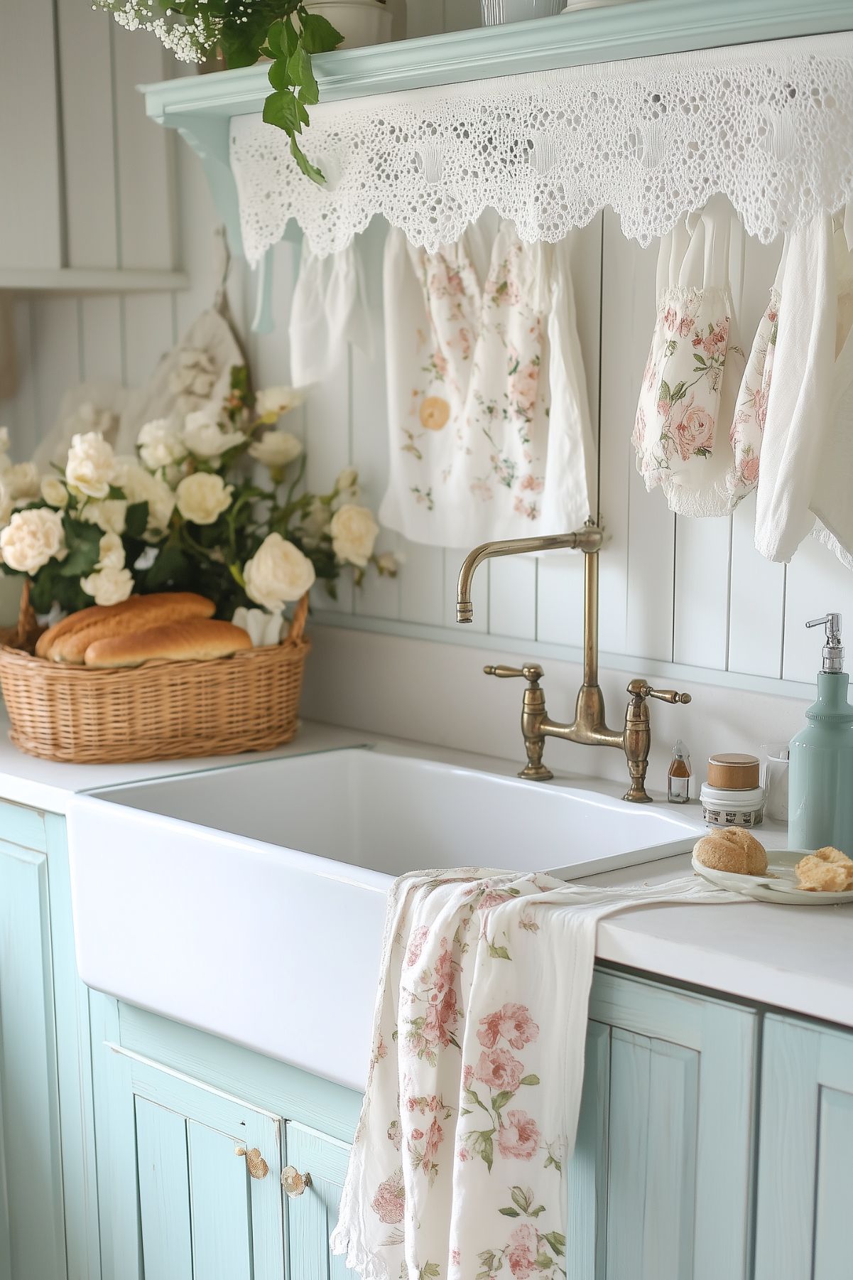 A charming kitchen with a white farmhouse sink and brass faucet. Floral linens and lace curtains hang above the sink, with a basket of fresh bread and flowers adding warmth and character to the space.