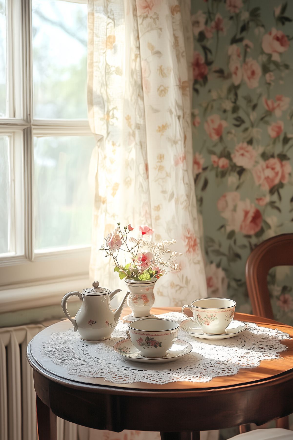 A cozy tea setup in a sunlit room, featuring a small round table with a lace doily, a teapot, and teacups. Floral curtains and wallpaper create a harmonious, vintage atmosphere.