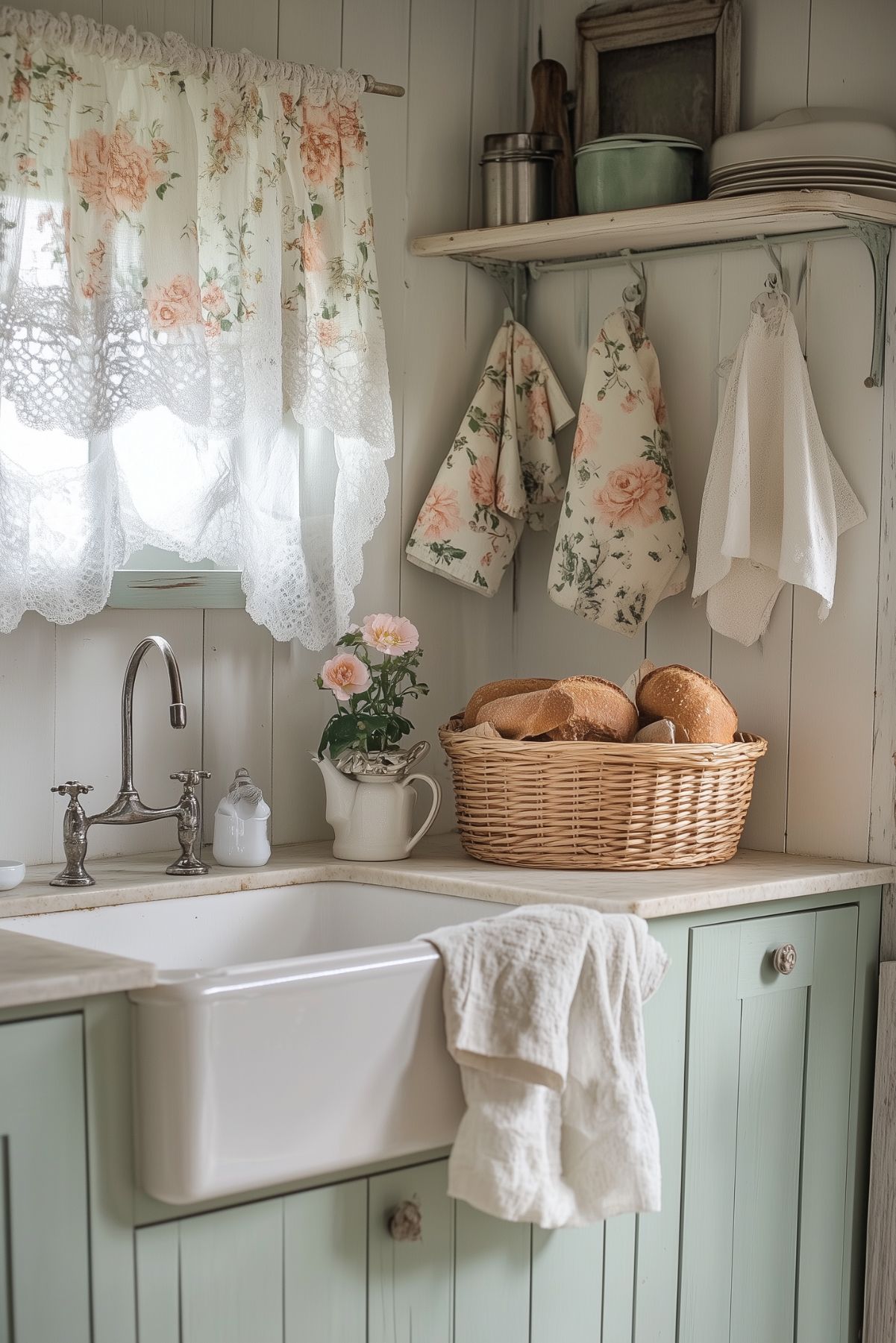 A rustic kitchen with a white farmhouse sink and pale green cabinets. The space is decorated with floral linens, lace curtains, and a basket of bread, creating a warm and inviting ambiance.