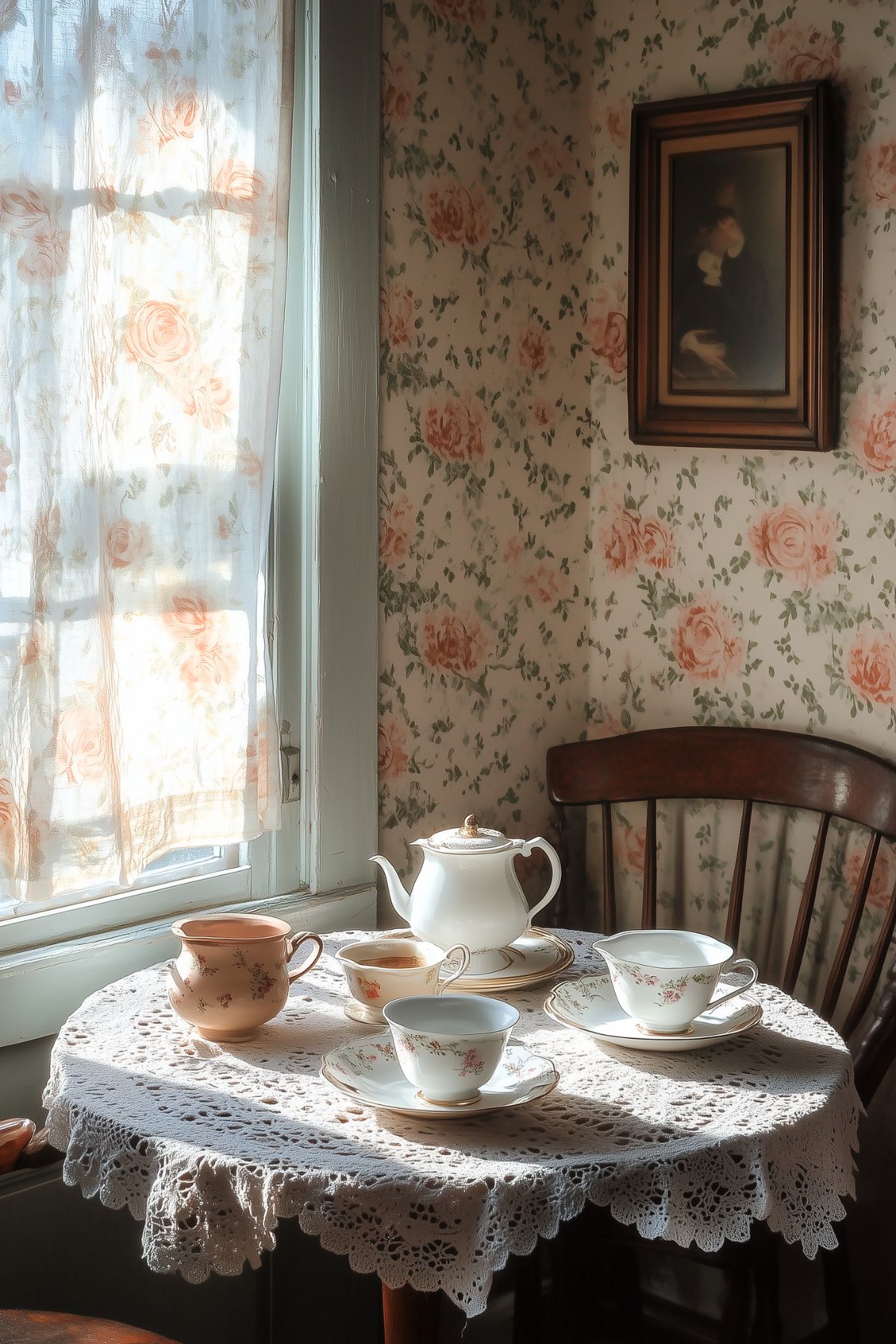 A cozy, vintage-style tea setup with a small round table draped in a lace tablecloth. The table is set with a teapot and teacups, placed near a window with floral curtains, complementing the floral wallpaper in the background.