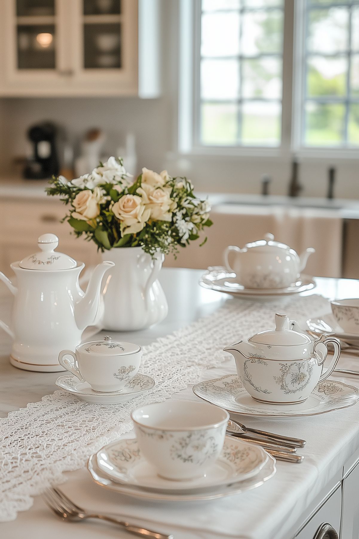 A bright, elegant kitchen setting featuring a white lace table runner on a marble countertop. The table is set with delicate white china and a vase of fresh roses, creating a sophisticated and serene atmosphere.