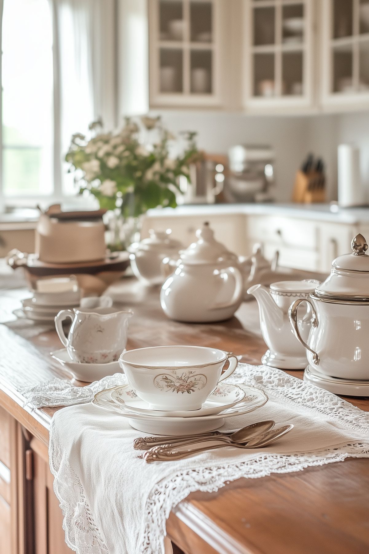 A warm and inviting kitchen with a wooden table set for tea. The table is adorned with lace-trimmed linens and classic white china, evoking a sense of traditional charm and comfort.