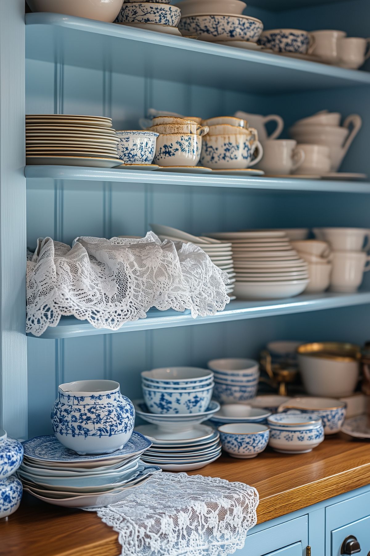 A blue-painted hutch filled with neatly stacked blue and white dishware. Delicate lace doilies are draped over the edges of the shelves, creating a cozy, Grandmillennial-style kitchen display.