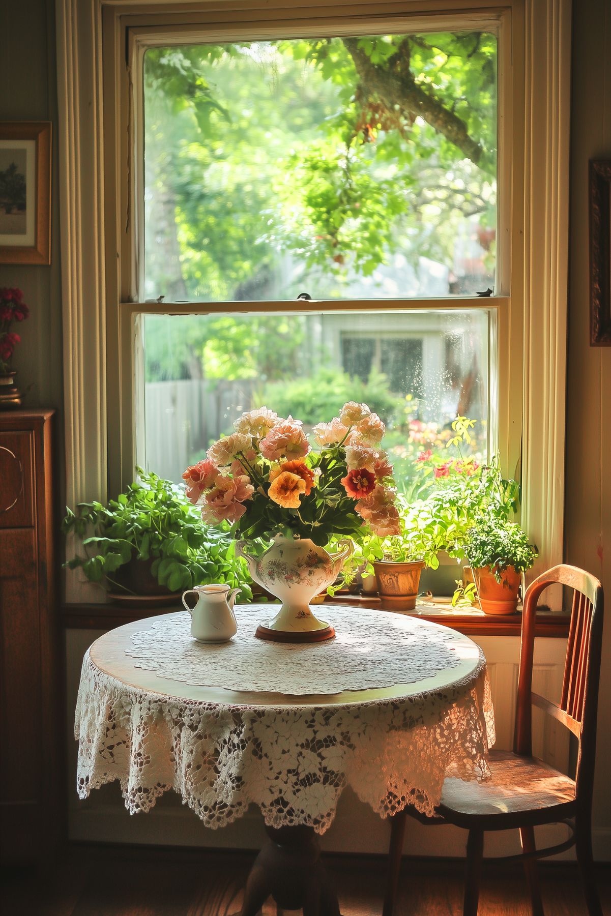 A sunlit kitchen nook with a round wooden table covered by a lace tablecloth. A vase filled with vibrant flowers sits on the table, framed by a large window that overlooks a lush green garden.