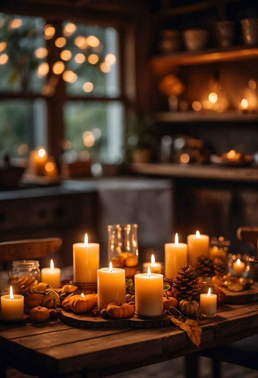 A rustic wooden table adorned with autumn leaves, pumpkins, and candles. A cozy plaid tablecloth and vintage dinnerware complete the fall kitchen decor