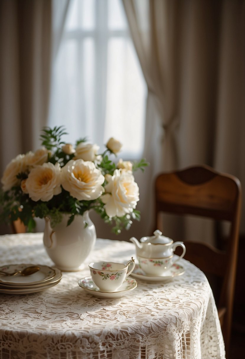 A lace tablecloth drapes over a vintage wooden table, adorned with delicate china and embroidered linen napkins. A teapot and floral centerpiece complete the charming grandmillennial kitchen scene