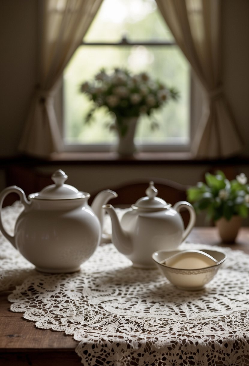 A vintage lace tablecloth drapes over a farmhouse kitchen table, adorned with delicate linens and antique dishware. A teapot steams on a lace doily, evoking a sense of timeless elegance and charm