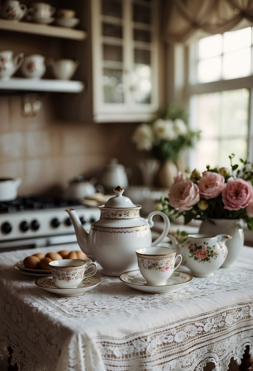 A vintage kitchen with lace curtains, embroidered linens, and delicate doilies adorning the countertops and tables. A teapot steams on the stove, surrounded by floral china and antique silverware