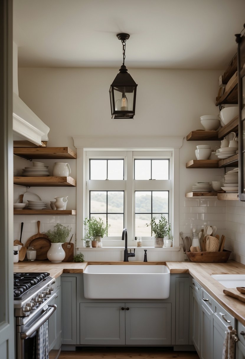 A coastal kitchen with functional layouts, featuring open shelving, a large farmhouse sink, and plenty of natural light